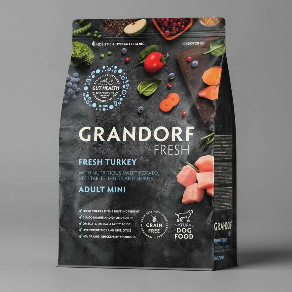 Сухой корм GRANDORF Fresh Dog Adult Mini Turkey&Sweet Potato для собак мелких пород из свежего мяса индейки с бататом