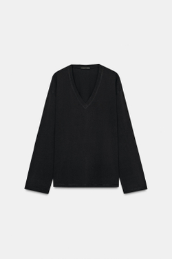 ZARA ХЛОПКОВАЯ ФУТБОЛКА С V-ОБРАЗНЫМ ВЫРЕЗОМ, ЧЕРНЫЙ