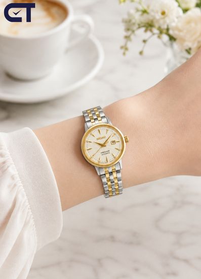 Seiko SRE010J1 Presage Cocktail Time женские наручные часы — White Lady Diamond Twist в золотистой гамме