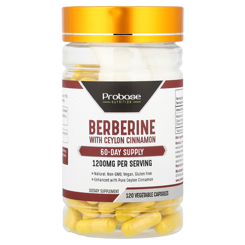 Probase Nutrition, берберин с цейлонской корицей, 120 растительных капсул