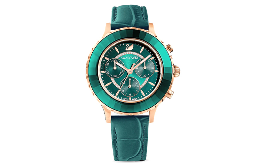 Swarovski SwarovskiOctea Lux Chrono Wrist Watch Quartz Movement Leather Strap Green Dial Women"s Watch
