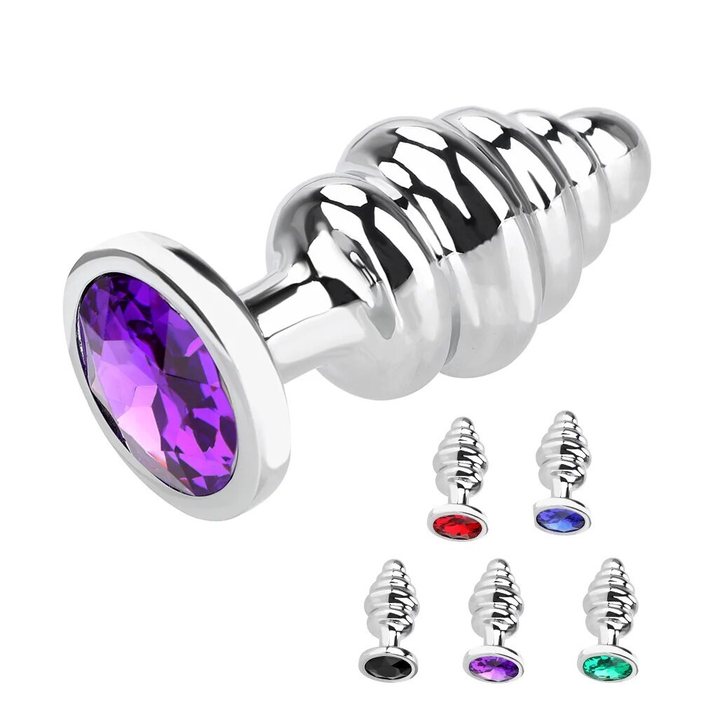 Анальная пробка Butt Plug Silver ребристая фиолетовый 8 см