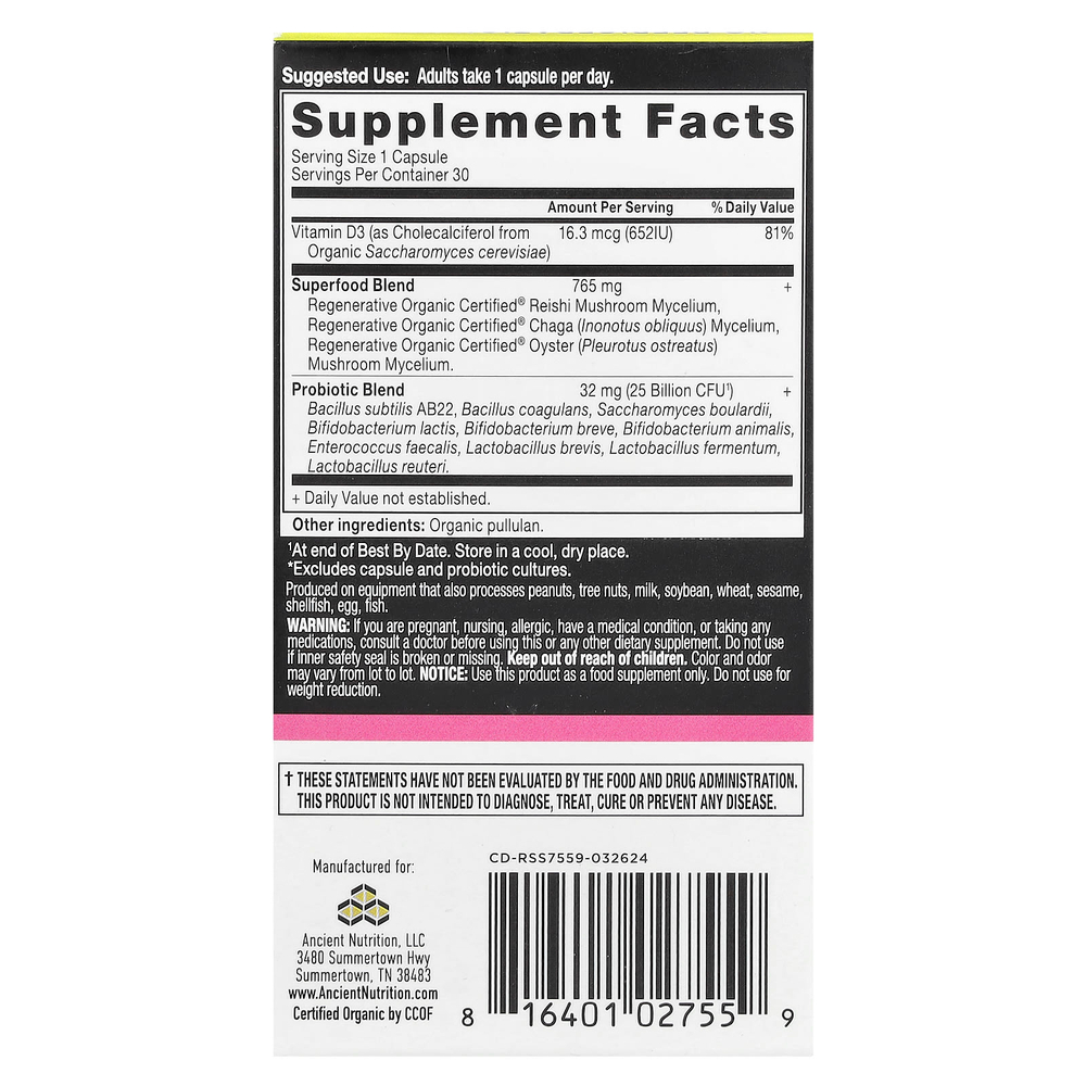 Ancient Nutrition, Пробиотики для женщин, 1 раз в день, 30 капсул