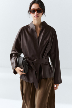 Massimo Dutti Куртка из кожи наппа с запахом и завязками, коричневый
