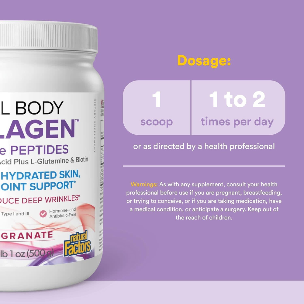 Natural Factors, Total Body Collagen™, биоактивные пептиды, со вкусом граната, 500 г (1 фунт 1 унция)
