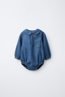ZARA ДЖИНСОВОЕ БОДИ С БОЛЬШИМ ОТЛОЖНЫМ ВОРОТНИКОМ, ИНДИГО МЕЛАНЖ
