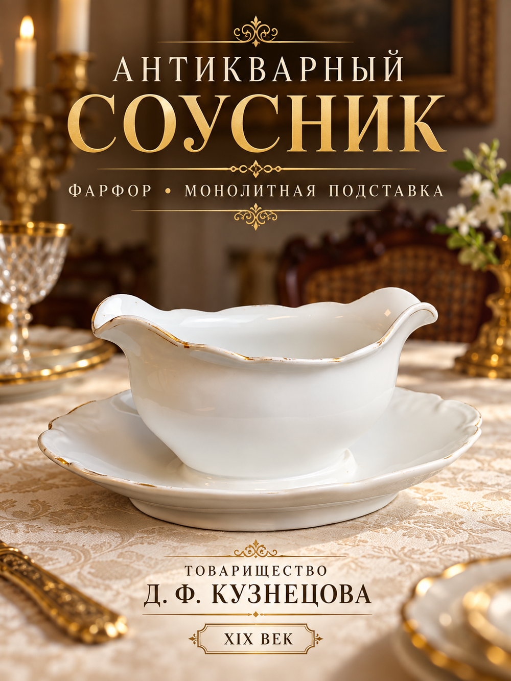 Соусник антикварный фарфоровый монолит с подставкой, Тов. Кузнецова Д.Ф, позолота, 19 век, винтаж
