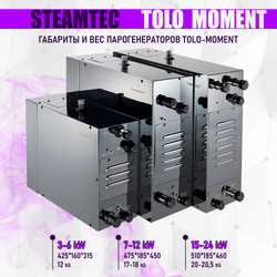 Steamtec TOLO MOMENT 120 - 12 кВт парогенераторы для хамама и турецкой бани / Серия PLATINUM со встроенной музыкой, пультом на 9-ти языках и возможностью монтажа без термодатчиков