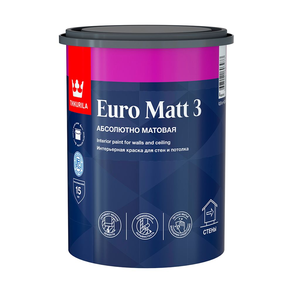 КРАСКА "EURO MATT-3"  0,9 Л (1/6)  ИНТЕРЬЕРНАЯ "ТИККУРИЛА" бесцветная (база С) маш.колеровка
