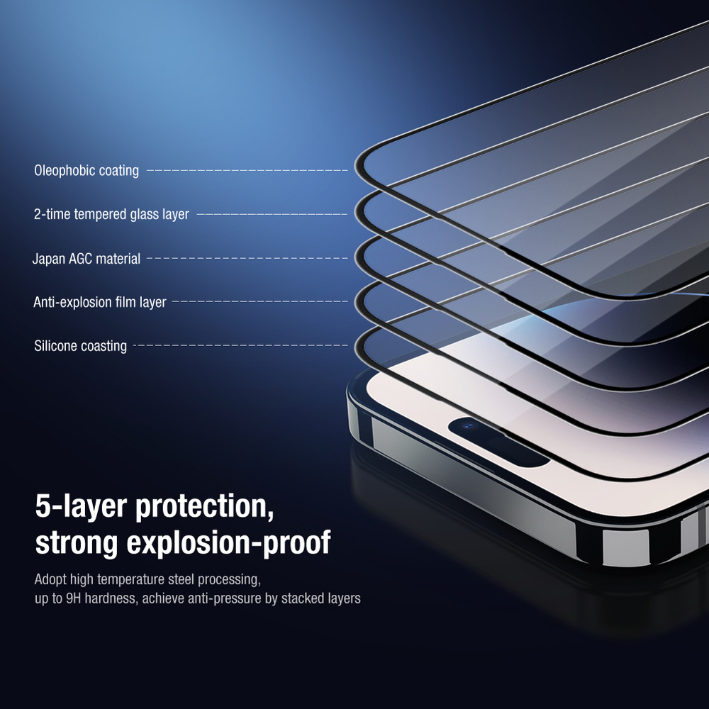Стекло на экран и защитные линзы на камеру от Nillkin для iPhone 14 Pro, (комплект 2 в 1) серия 2-in-1 HD Full Screen Tempered Glass Screen Protector