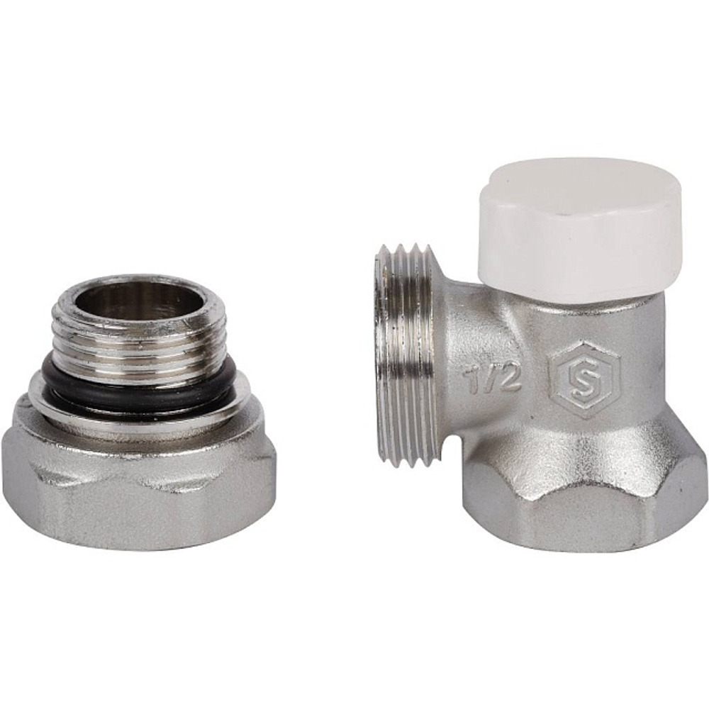 Клапан балансировочный угловой STOUT - 1/2" (ВР/НР-американка, PN10, Tmax 120°C, с самоуплотнением)