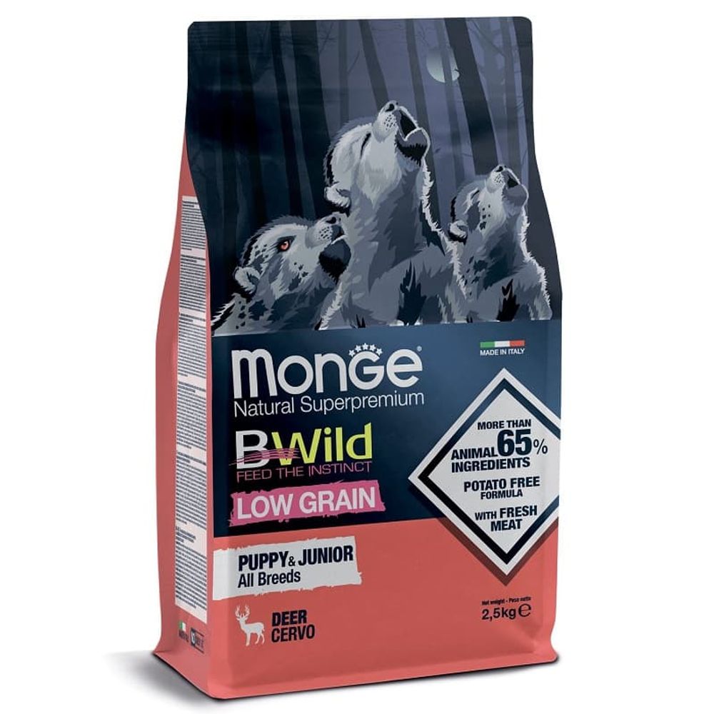 Сухой корм Monge Dog BWild LOW GRAIN Puppy &amp; junior, для щенков, низкозерновой, из мяса оленя 2,5 кг