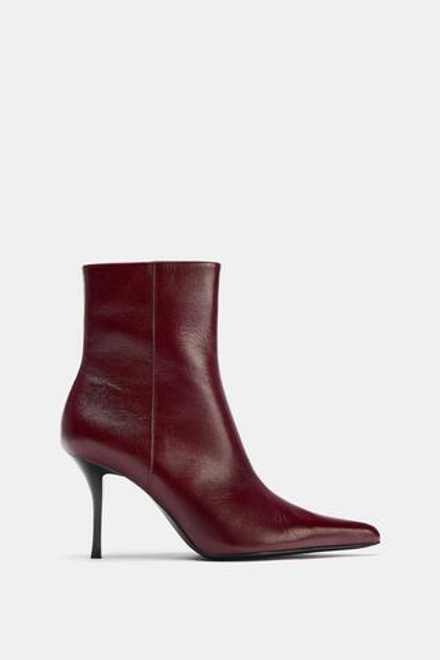 ZARA КОЖАНЫЕ БОТИЛЬОНЫ НА ВЫСОКОМ КАБЛУКЕ, БОРДОВО-КРАСНЫЙ