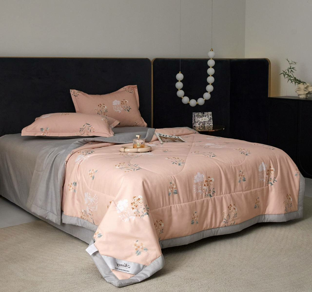 Комплект постельного белья Mency с одеялом, Евро, Серый/Розовый