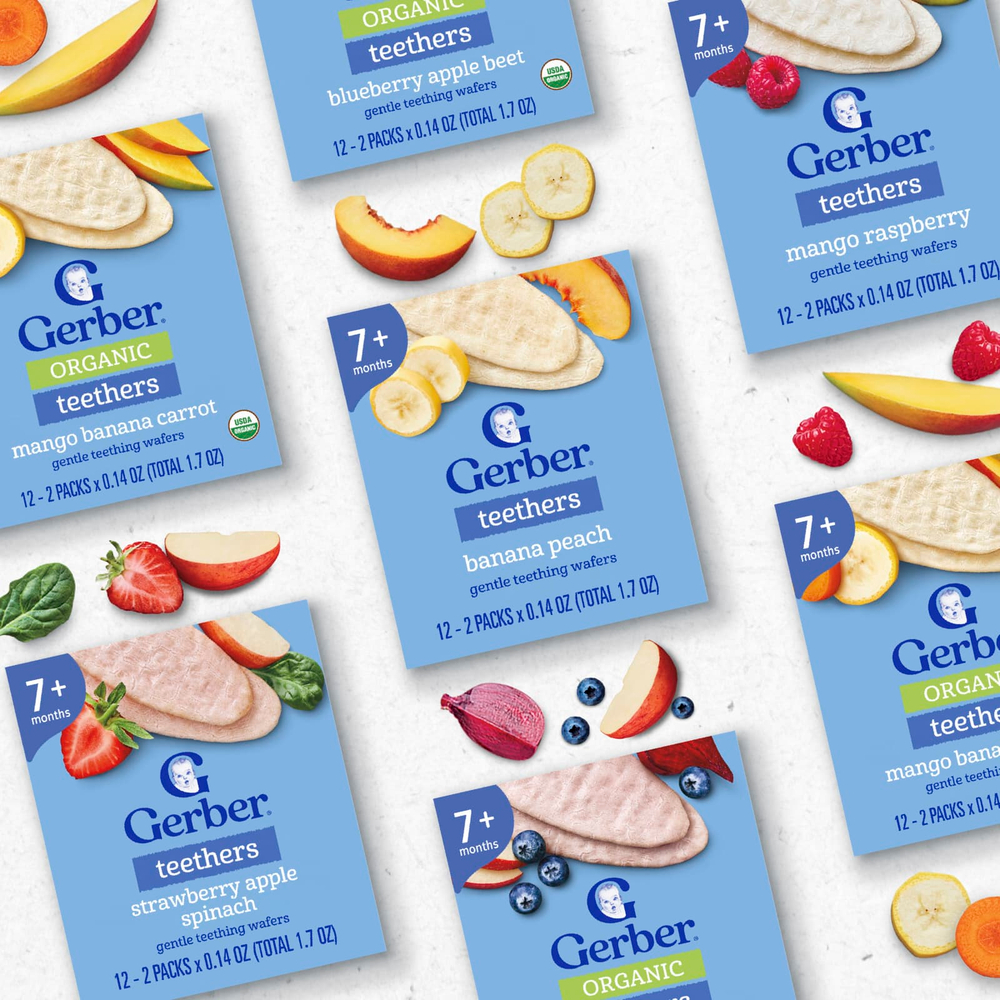 Gerber, прорезыватели, вафли для нежного прорезывания зубов, для детей от 7 месяцев, клубника, яблоко и шпинат, 12 пакетиков по 2 шт. в индивидуальной упаковке по 4 г (0,14 унции)