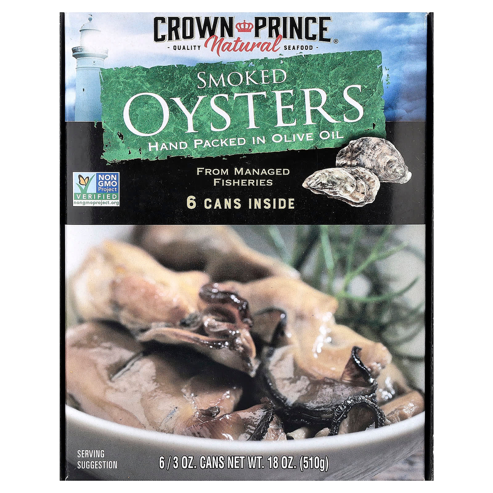 Crown Prince Natural, копченые устрицы, в оливковом масле, 6 банок по 85 г (3 унции)