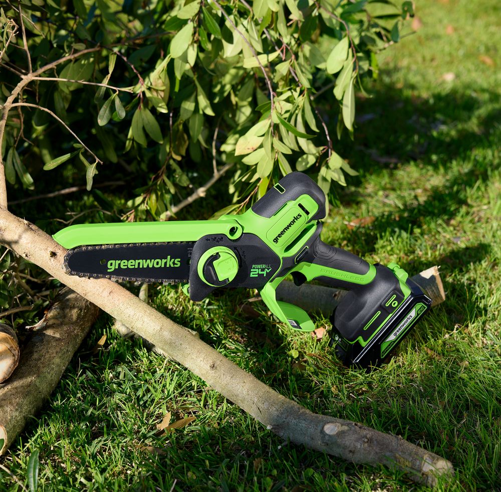 Цепная мини пила аккумуляторная Greenworks GD24CSMNX Арт. 2008707UA, 24V, 15см, бесщеточная, в комплекте АКБ 2 А·ч и ЗУ в сумке