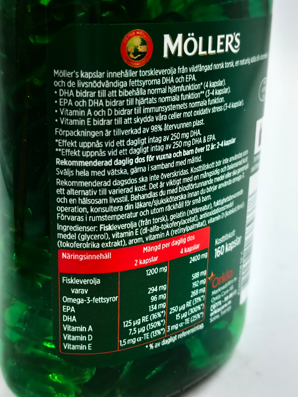 Moller Tran Omega-3 DHA и EPA, витамины D +A+E. 160 капсул (Норвегия)