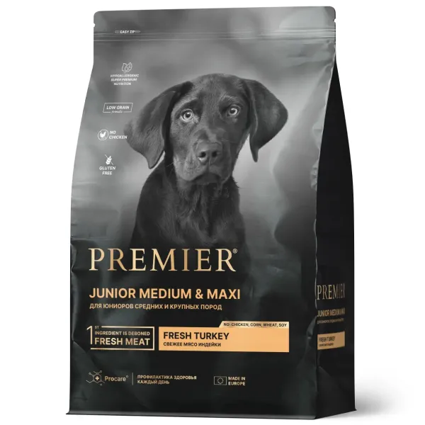 Сухой корм Premier Dog Turkey Junior Medium&Maxi для юниоров средних и крупных пород из свежего мяса индейки