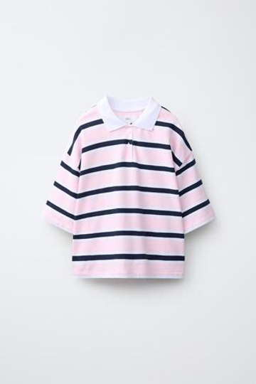 ZARA ПОЛО В ПОЛОСКУ С ЦИФРОЙ, БЕЛЫЙ/РОЗОВЫЙ