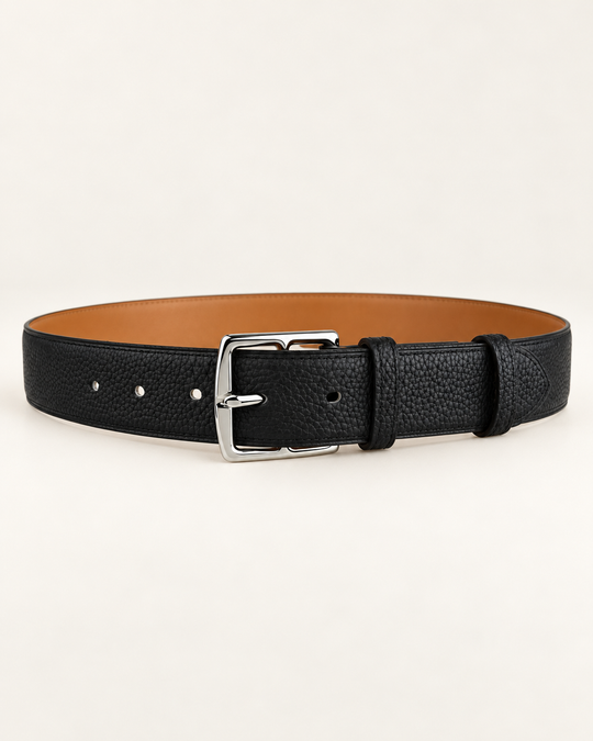 Мужской ремень Hermès с прямоугольной пряжкой, 3.5 см — чёрный / карамельный