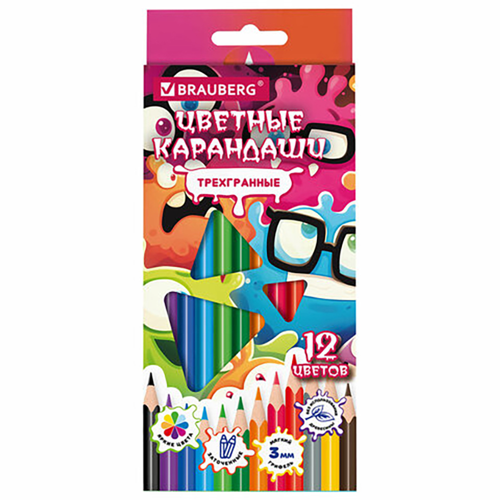 Карандаши цветные "Монстрики", 12 цветов, трехгранные