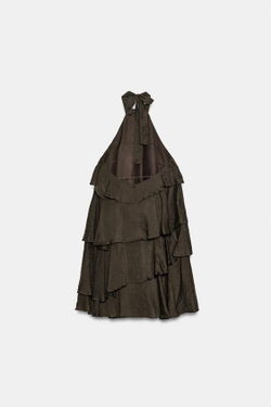 ZARA КОРОТКОЕ ПЛАТЬЕ С ВОЛАНАМИ, КОРИЧНЕВЫЙ