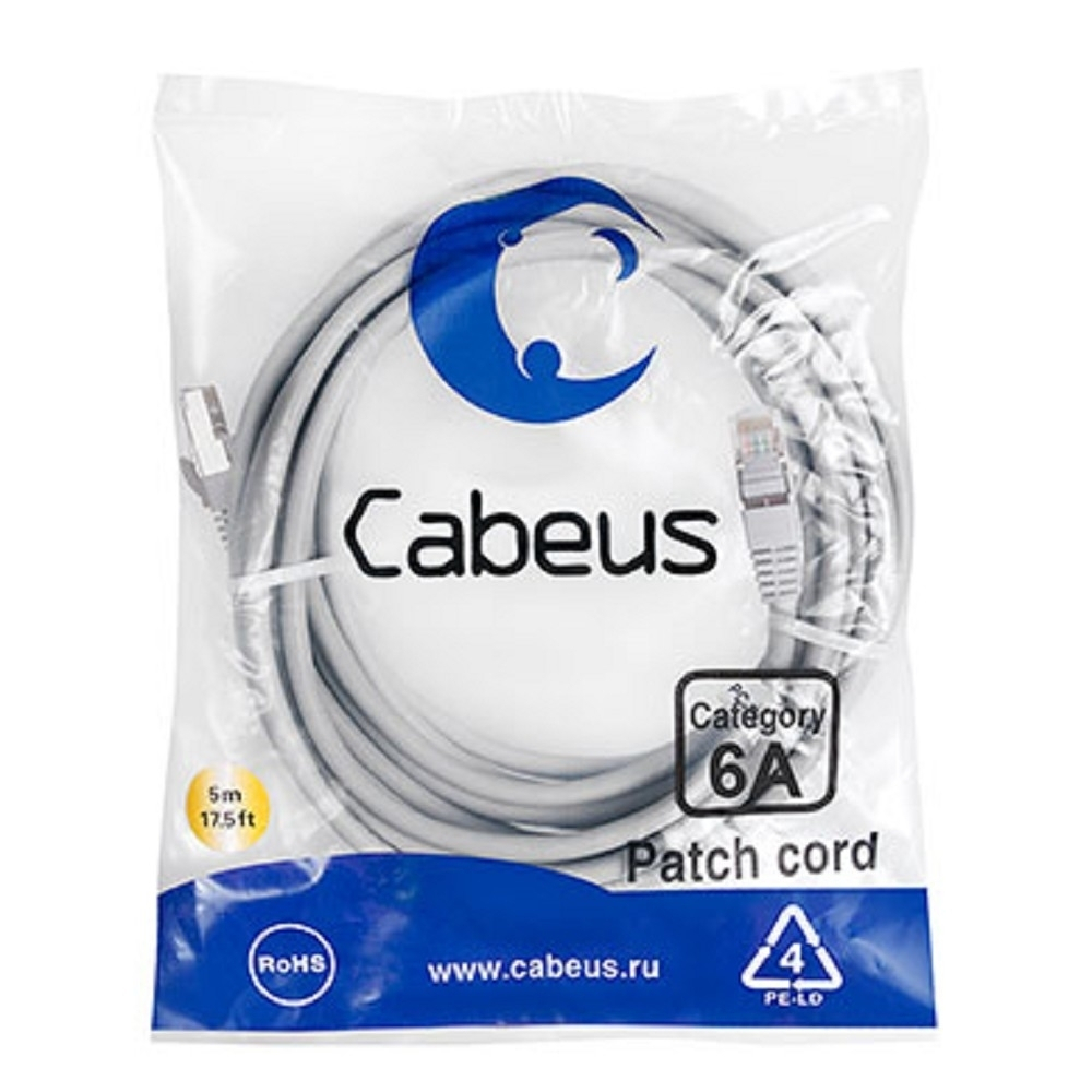 Патч-корд Cabeus PC-SSTP-RJ45-Cat.6a-5m-LSZH Патч-корд S / FTP, категория 6а (10G), 2xRJ45 / 8p8c, экранированный, серый, LSZH, 5м