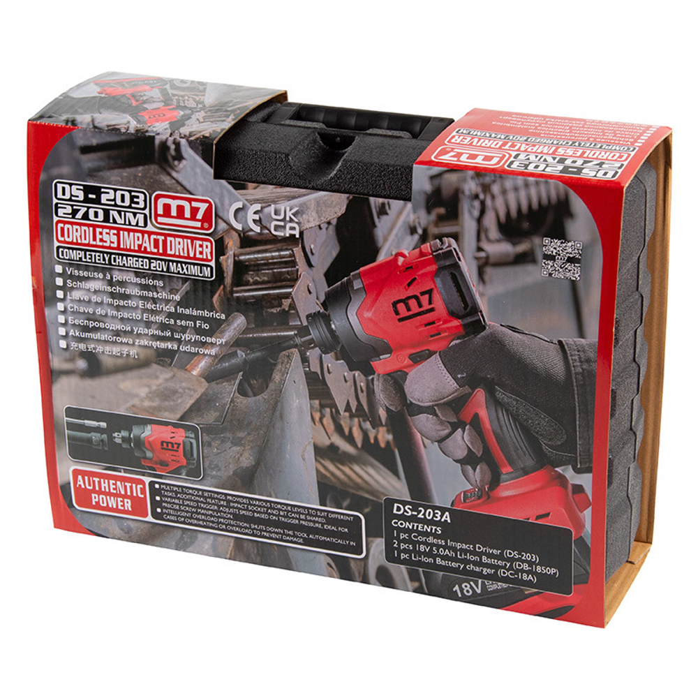 MIGHTY SEVEN (DS-203S) Аккумуляторный шуруповерт, ударный, 18 В, 4 предмета, кейс