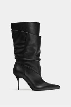 ZARA САПОГИ СО СБОРКОЙ НА КАБЛУКЕ, ЧЕРНЫЙ