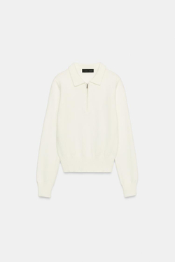 ZARA ТРИКОТАЖНОЕ ПОЛО НА МОЛНИИ, БЕЛЫЙ