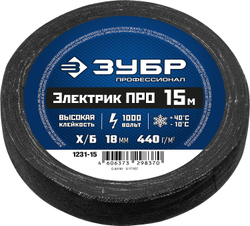 ЗУБР ЭЛЕКТРИК ПРО, 18 мм х 15 м, 1 000 В, черная, изолента х/б, Профессионал (1231-15)