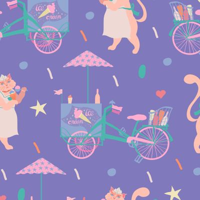 Милые коты и велосипед с мороженым на сиреневом фоне. Cute cats and ice cream bike on lilac
