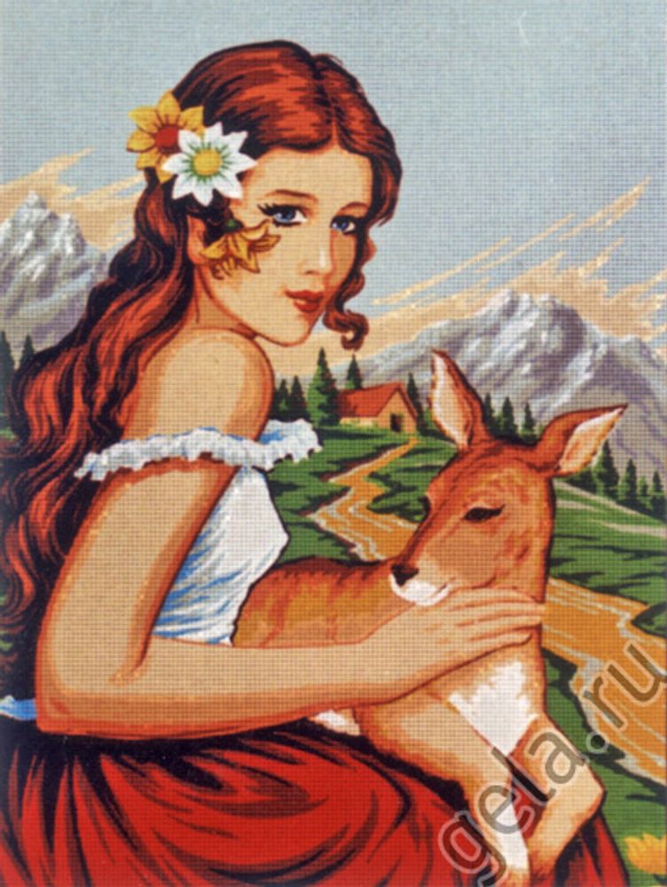 Рисунок для вышивания Soulos (канва жесткая), Девушка с олененком, 45х60 см