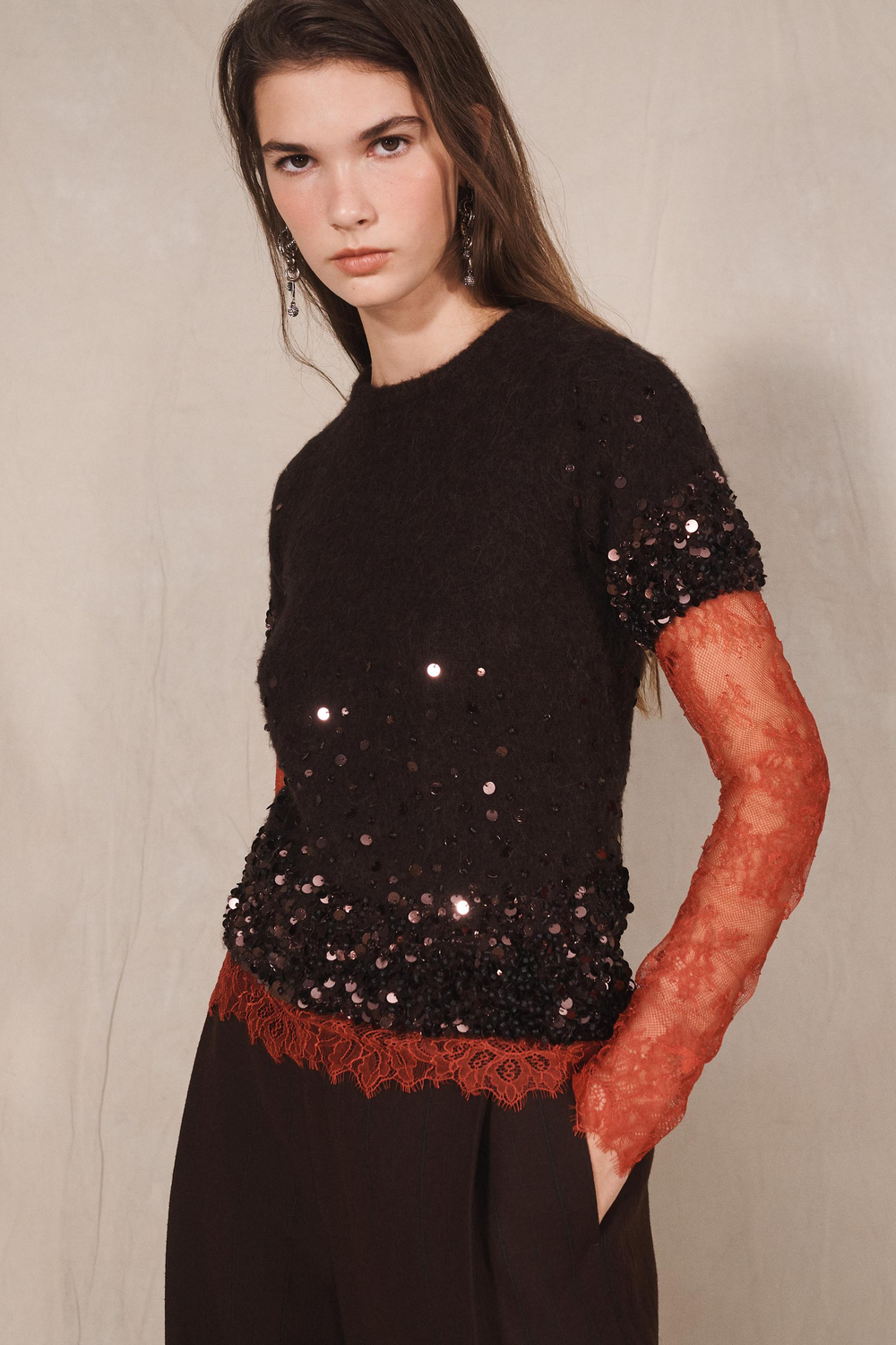 ZARA СВИТЕР С КОРОТКИМИ РУКАВАМИ - LIMITED EDITION, КОРИЧНЕВЫЙ
