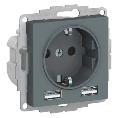 ATLASDESIGN РОЗЕТКА 16А c 2 USB A+A, 5В/2,4А, 2х5В/1,2А, механизм, ГРИФЕЛЬ