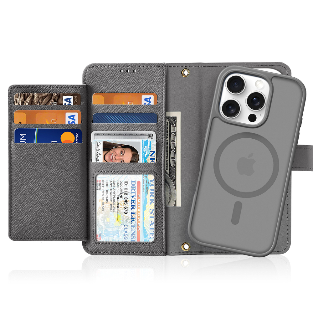 Чехол кошелек из TPU кожи серого цвета от Dux Ducis для смартфона iPhone 16 Pro, серия Lawa Series Case
