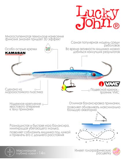 Балансир Lucky John CLASSIC 8 с тр. 80мм/15H блистер
