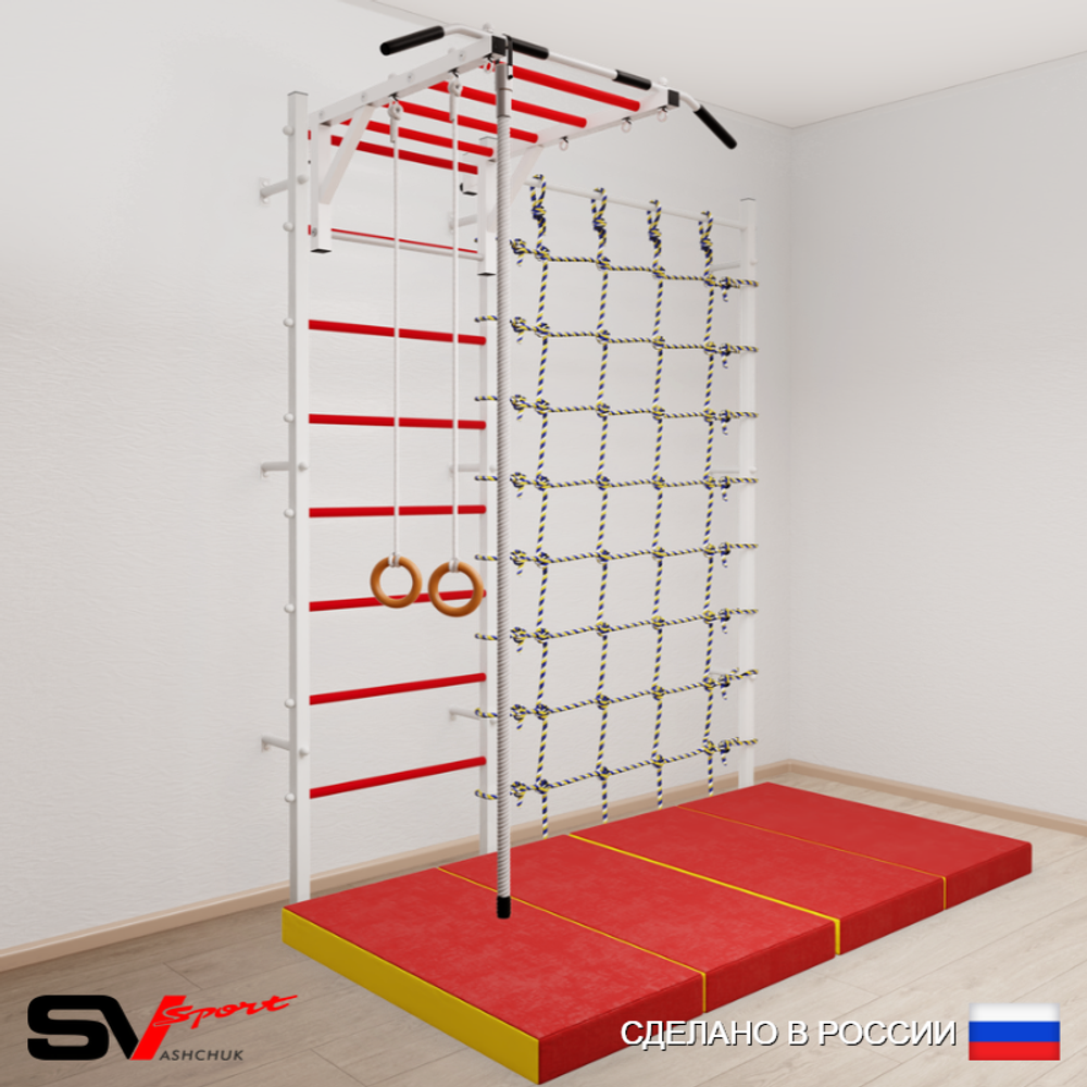 Шведская стенка Sv Sport усиленная 63340 (Турник рукоход/Канат/Кольца/Мат 2м/Канатный лаз)