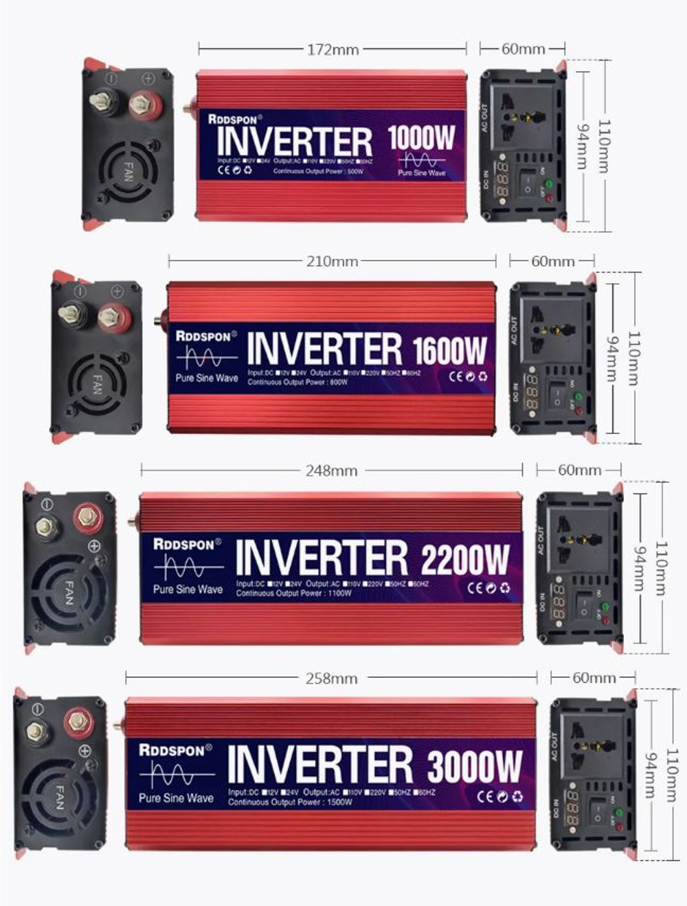 Инвертор 12V-220V 1600W красный RDDSPON чистый синус