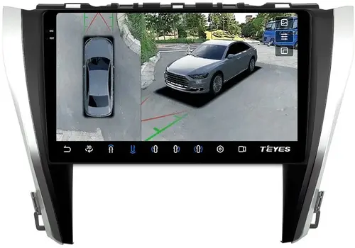 Магнитола для Toyota Camry 55 2014-2018 (рамка серебристо-черная) - Teyes CC3-2K-360 на Android 10, Быстрая, 2K QLED, CarPlay, 4G SIM-слот, 4 камеры в комплекте