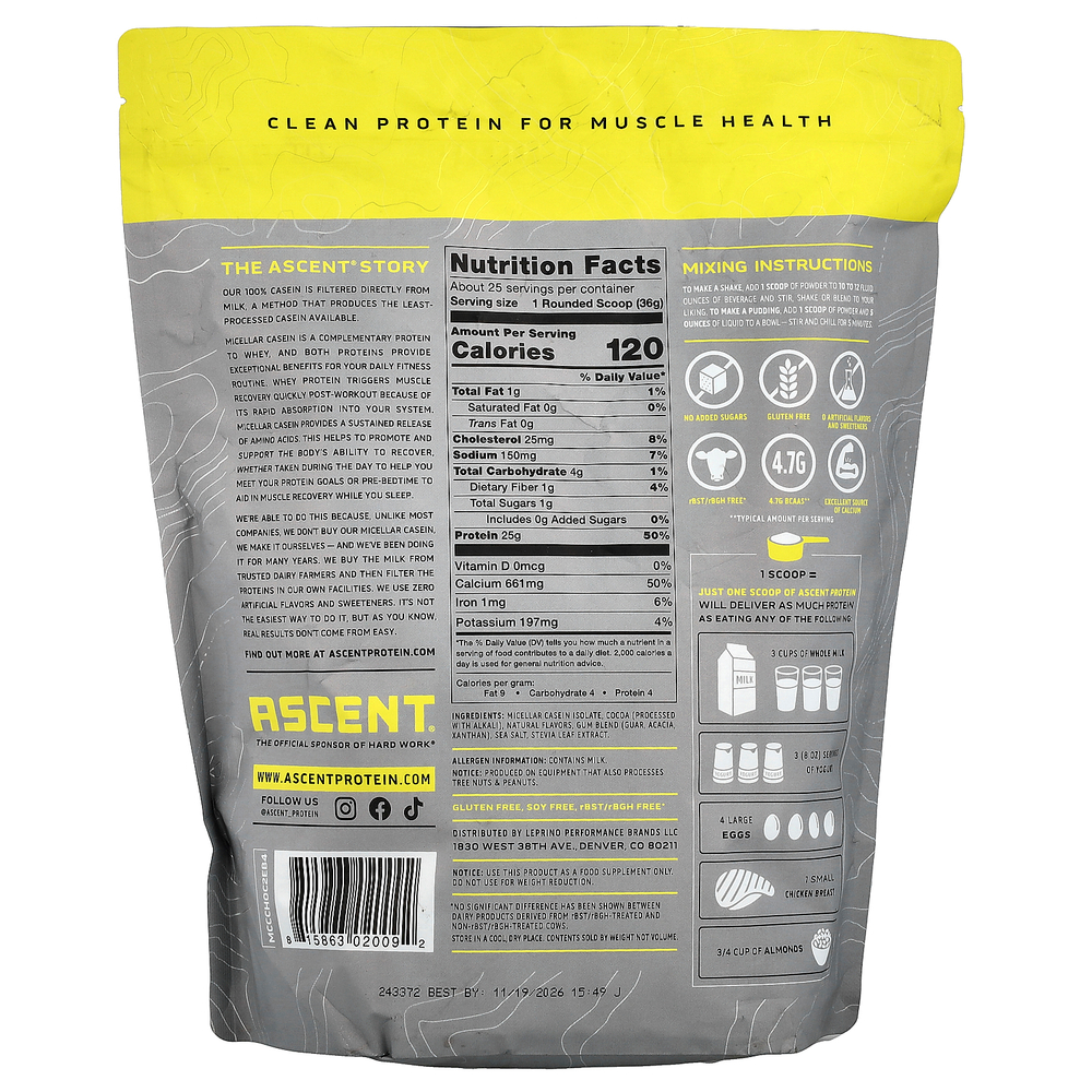 Ascent, Micellar Casein Isolate, Chocolate, 2 lb (907 g)