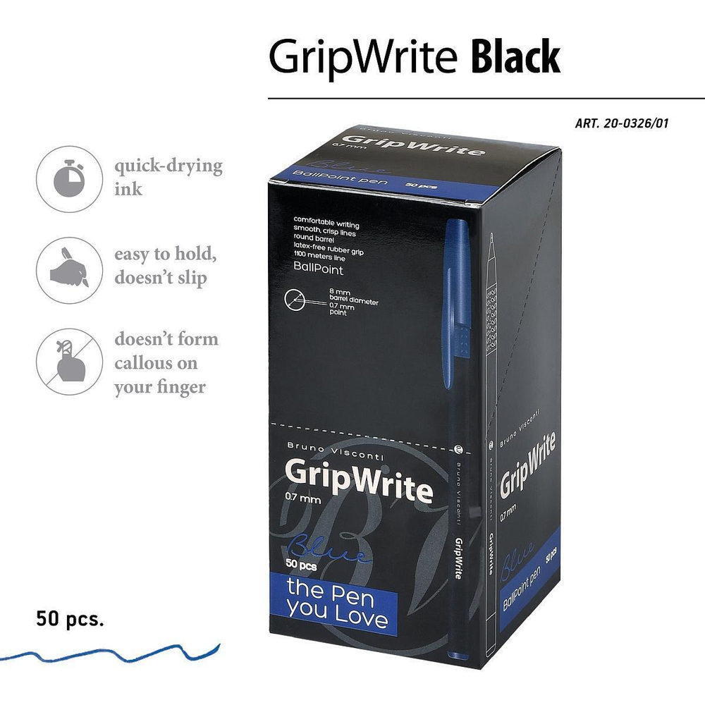 Ручка "GripWrite Black" шариковая 0.7 мм, синяя (BrunoVisconti)