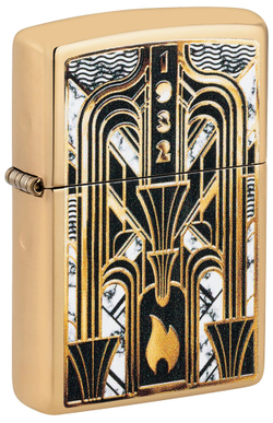 Зажигалка ZIPPO Пламя в стиле ар-деко с покрытием Глянцевая латунь | Art Deco Flame High Polish Bras