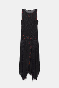 ZARA АСИММЕТРИЧНОЕ ПЛАТЬЕ С БУСИНАМИ И БАХРОМОЙ ZW COLLECTION, ЧЕРНЫЙ