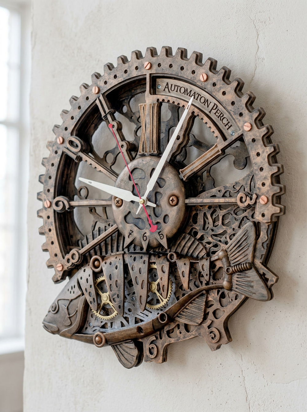 Деревянные настенные часы‑рыба «Автоматон Окунь» с шестерёнками