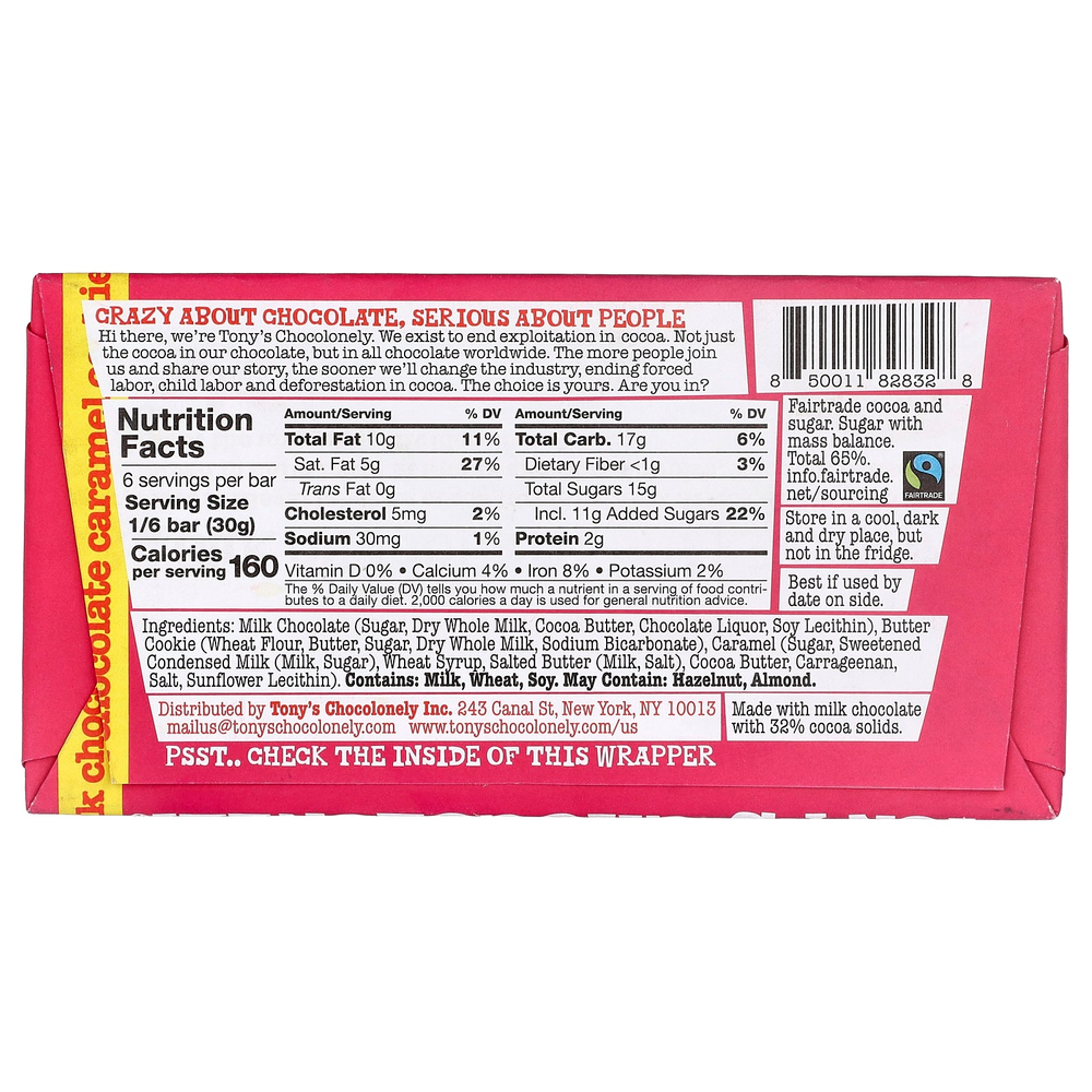 Tony's Chocolonely, батончик из молочного шоколада с карамелью и сладким печеньем, 180 г (6,35 унции)