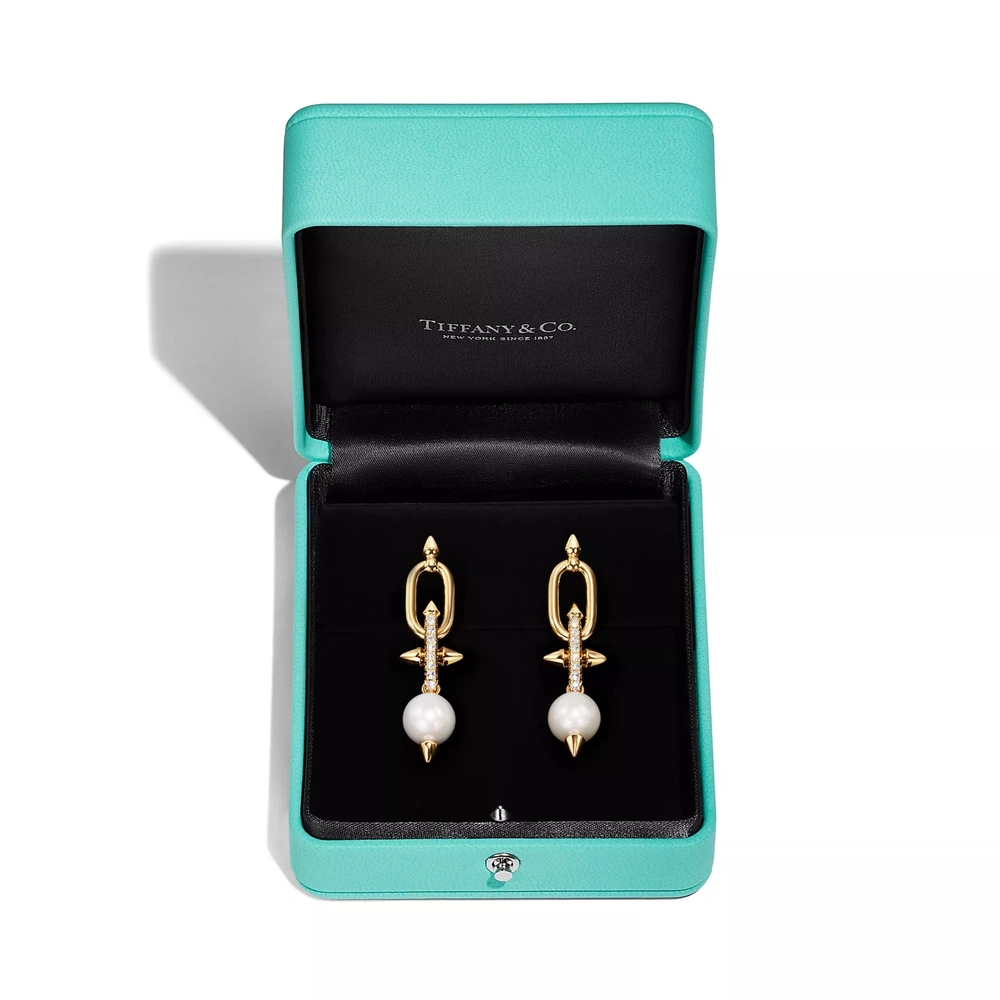 Серьги из жёлтого золота 18k c жемчугом и бриллиантами, Tiffany 💠 Titan by Pharrell Williams- В наличии