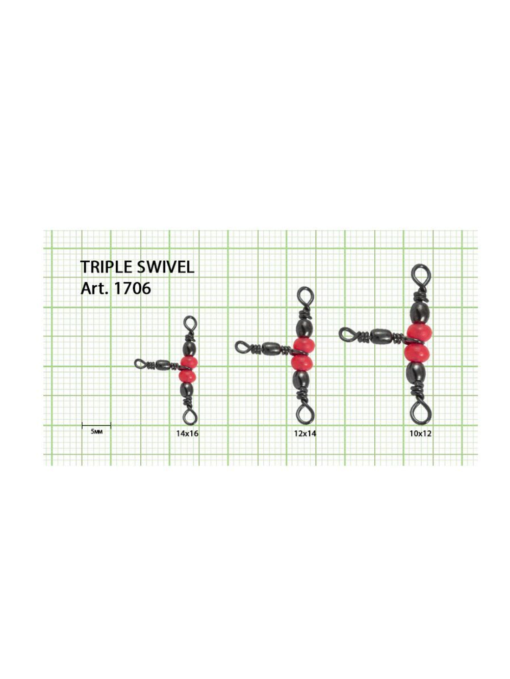 Вертлюжок рыболовный на три направления (красная бусина) TRIPLE SWIVEL 1706 10х12