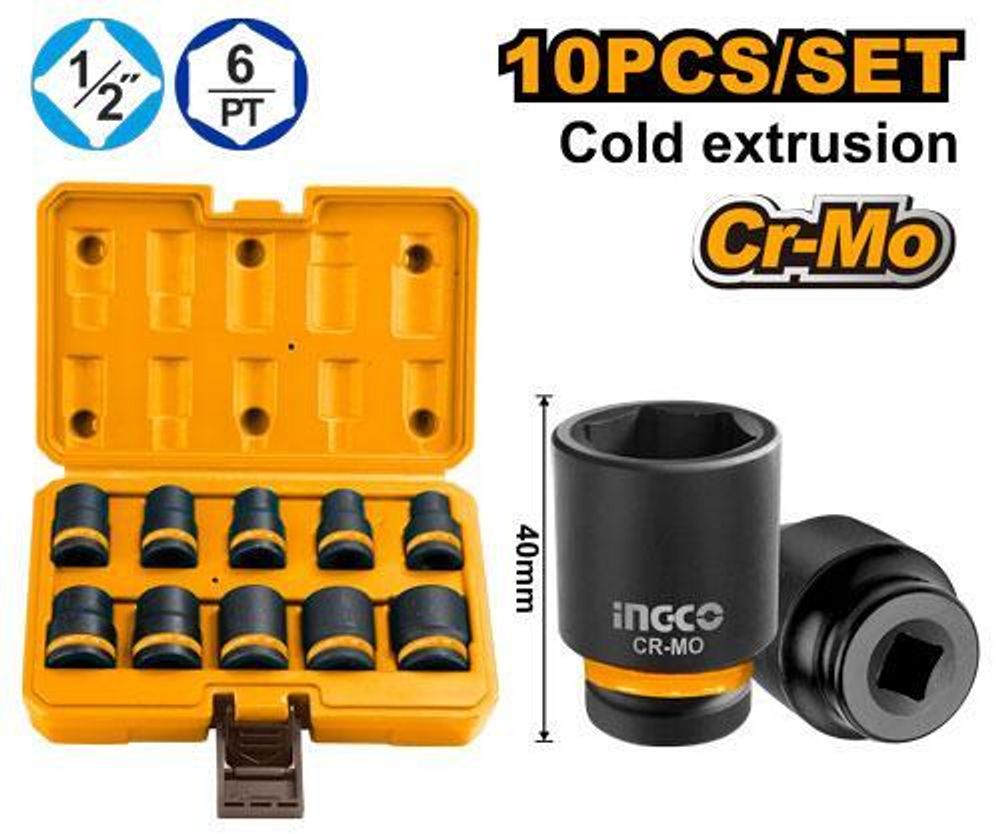 Набор торцевых ударных головок INGCO HKISSD12101 INDUSTRIAL 1/2" 10-24 мм 10 шт. Набор торцевых ударных головок INGCO HKISSD12101 INDUSTRIAL 1/2" 10-24 мм 10 шт.